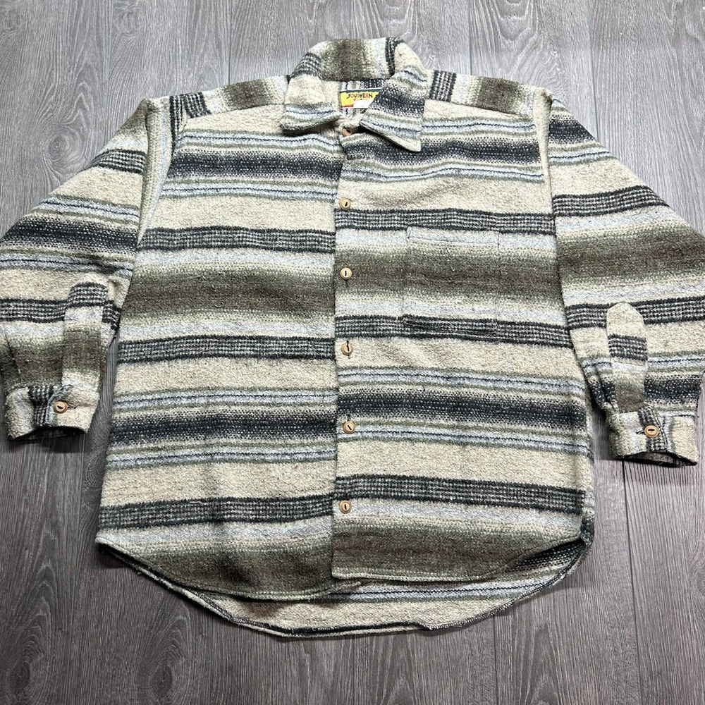 Vintage Southern Exposure Baja Shirt Mens Large Striped Woven Button Up Green L